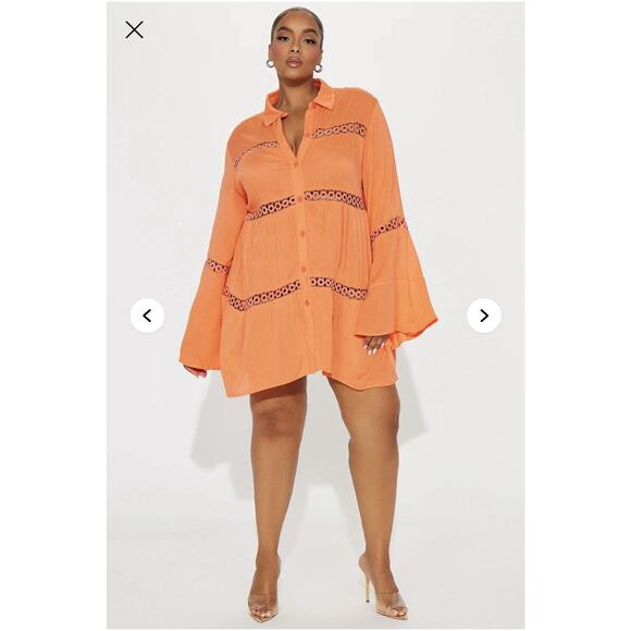 Fashion Nova Breezy Paradise Linen Circle Cover Up Shirt Dress - Orange - Medium - Picture 4 of 5